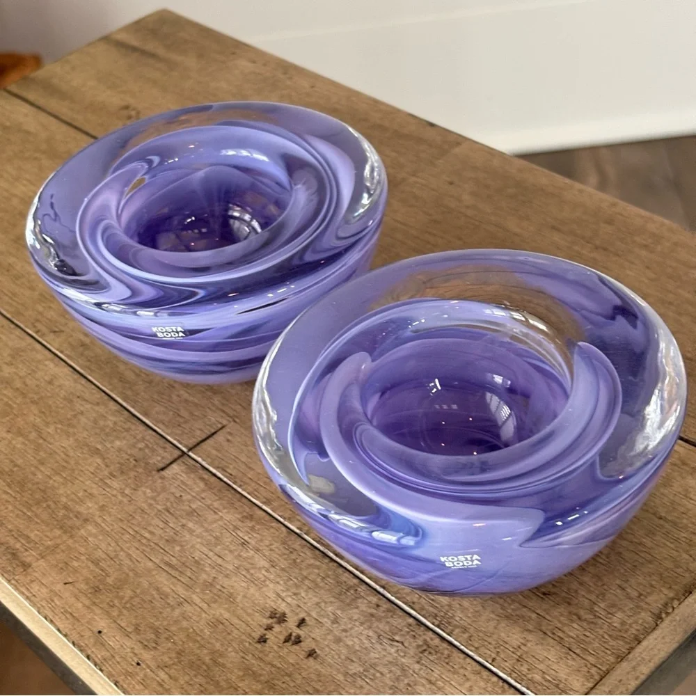 Atoll Collection by Kosta Boda Glass Tealight Holders Lilac Swirl Set of Two